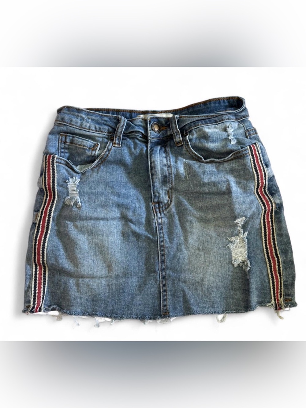Distressed Denim Mini Skirt with Side Stripe